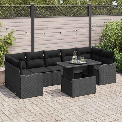 Trädgårdsoffset med kudde med lagring 8 pcs Svart Poly Rattan