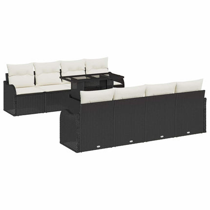 Trädgårdsoffset med kudde med lagring 9 pcs Svart Poly Rattan