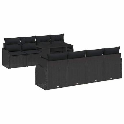 Trädgårdsoffset med kudde med lagring 9 pcs Svart Poly Rattan