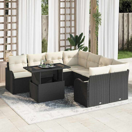 Trädgårdsoffset med kudde med kudde 9 pcs Svart Polyrattan