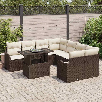 Trädgårdsoffset med kudde med kudde 9 pcs Brun Polyrattan