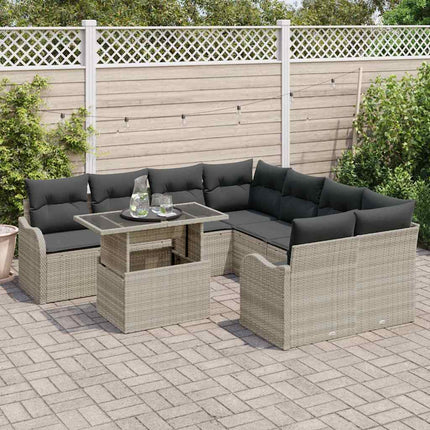 Trädgårdsoffset med kudde med kudde 9 pcs Ljusgrå Polyrattan