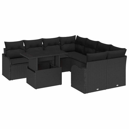 Trädgårdsoffset med kudde med kudde 9 pcs Svart Polyrattan