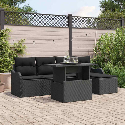 Trädgårdsoffset med kudde 6 pcs Svart Polyrattan
