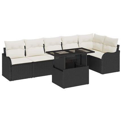 Trädgårdsoffset med kudde med kudde 7 pcs Svart Poly Rattan