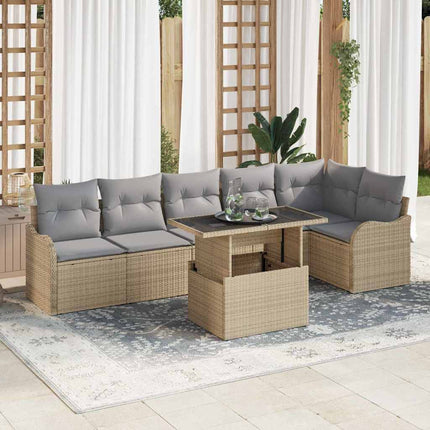 Trädgårdsoffset med kudde med kudde 7 pcs Beige Poly Rattan