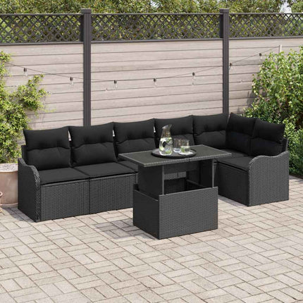 Trädgårdsoffset med kudde med kudde 7 pcs Svart Poly Rattan