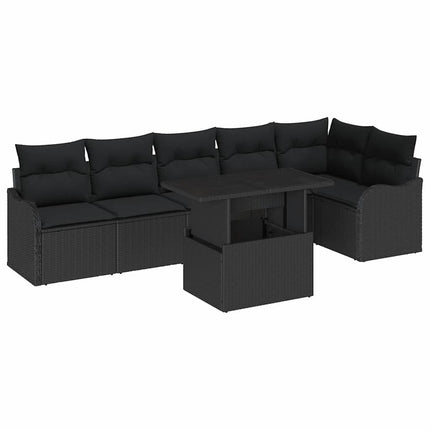 Trädgårdsoffset med kudde med kudde 7 pcs Svart Poly Rattan