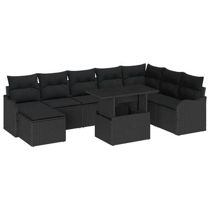 Trädgårdsoffset med kudde med lagring 9 pcs Svart Poly rattan