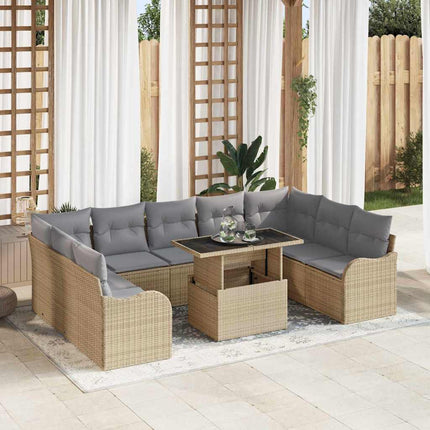 Trädgårdsoffset med kudde med kudde 10 pcs Beige Poly Rattan