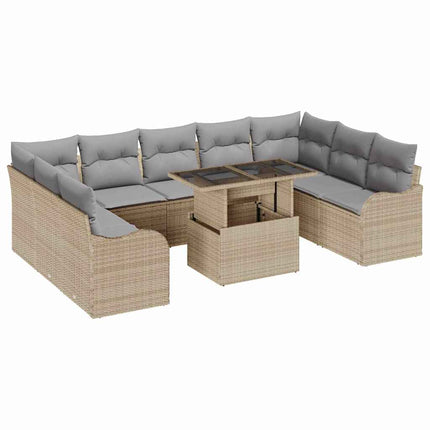 Trädgårdsoffset med kudde med kudde 10 pcs Beige Poly Rattan
