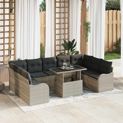 Trädgårdsoffset med kudde med kudde 10 pcs Ljusgrå Poly Rattan