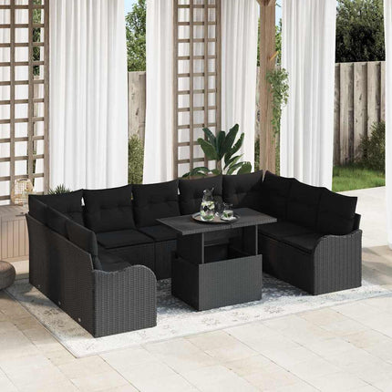 Trädgårdsoffset med kudde med kudde 10 pcs Svart Poly Rattan