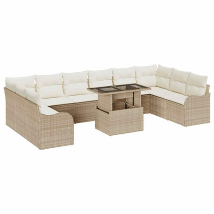 Trädgårdsoffset med kudde med kudde 11 pcs Beige Poly Rattan