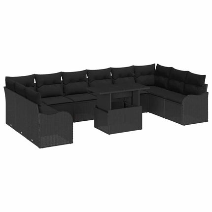 Trädgårdsoffset med kudde med kudde 11 pcs Svart Poly Rattan