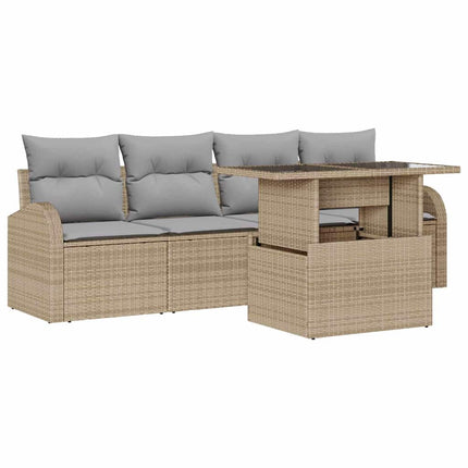 Trädgårdsoffset med kudde med kudde 5 pcs Beige Poly Rattan