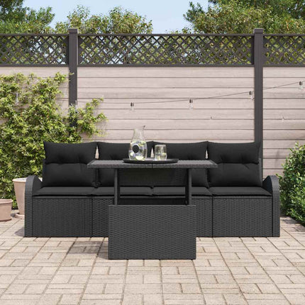 Trädgårdsoffset med kudde med kudde 5 pcs Svart Poly Rattan