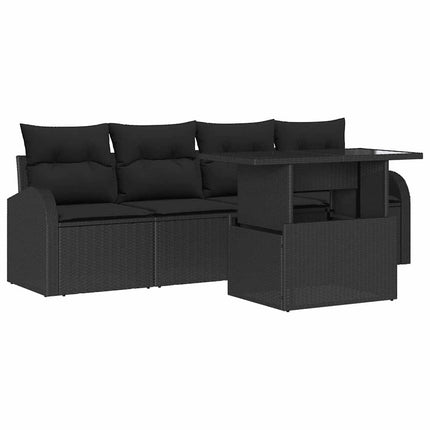 Trädgårdsoffset med kudde med kudde 5 pcs Svart Poly Rattan