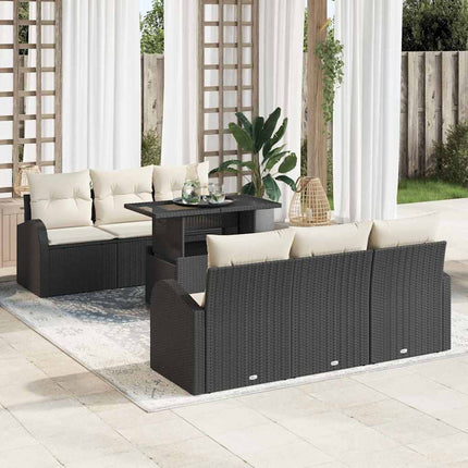 Trädgårdsoffset med kudde med lagring 7 pcs Svart Poly Rattan