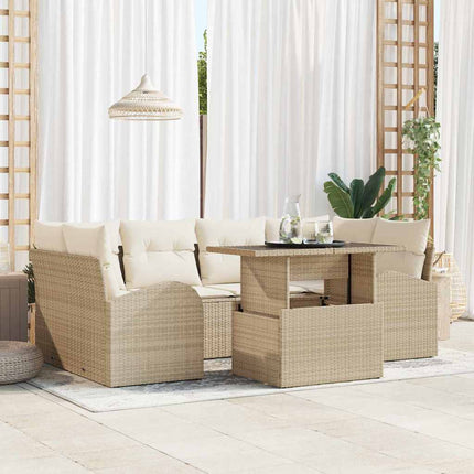 Trädgårdsoffset med kudde med lagring 7 pcs Beige Poly Rattan