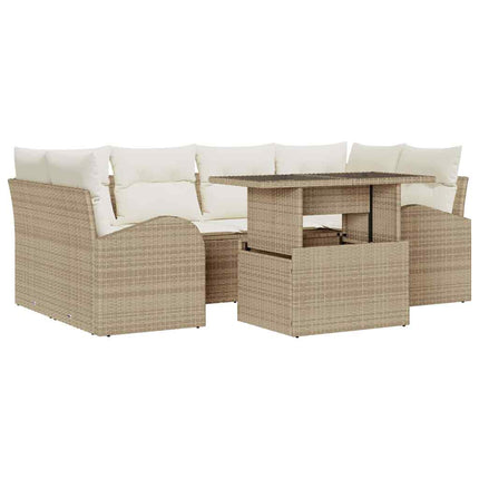 Trädgårdsoffset med kudde med lagring 7 pcs Beige Poly Rattan