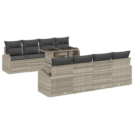 Trädgårdsoffset med kudde med lagring 9 pcs Ljusgrå Poly Rattan