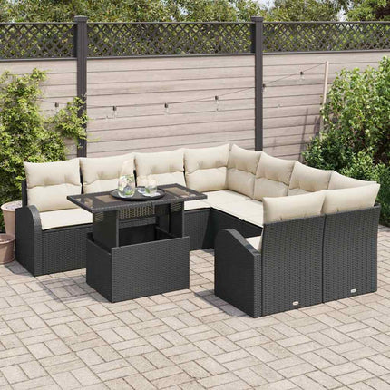 Trädgårdsoffset med kudde med lagring 9 pcs Svart Poly Rattan