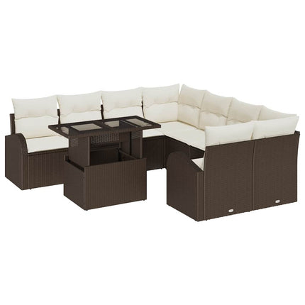 Trädgårdsoffset med kudde med lagring 9 pcs Brun Poly Rattan