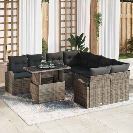 Trädgårdsoffset med kudde med lagring 9 pcs Grå Poly Rattan