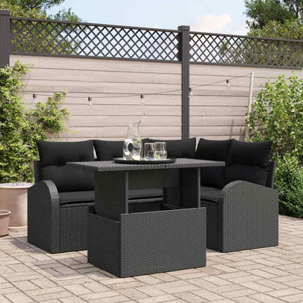 Trädgårdsoffset med kudde med lagring 5 pcs Svart Poly rattan