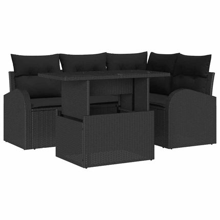 Trädgårdsoffset med kudde med lagring 5 pcs Svart Poly rattan