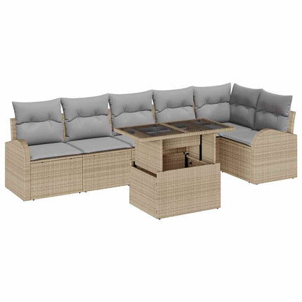 Trädgårdsoffset med kudde med lagring 7 pcs Beige Poly rattan