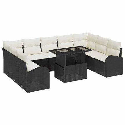 Trädgårdsoffset med kudde med lagring 10 pcs Svart Poly rattan