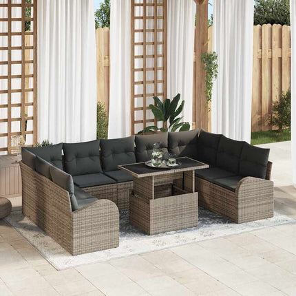 Trädgårdsoffset med kudde med lagring 10 pcs Grå Poly rattan