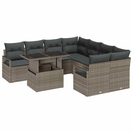 Trädgårdsoffset med kudde med lagring 9 pcs Grå Poly rattan