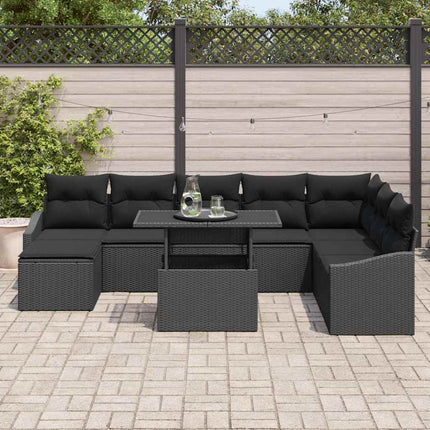 Trädgårdsoffset 9 pcs Svart Poly Rattan och Pulverlackerad Stål