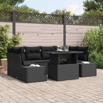 Trädgårdsoffset 7 pcs Svart Poly Rattan och Pulverlackerad Stål
