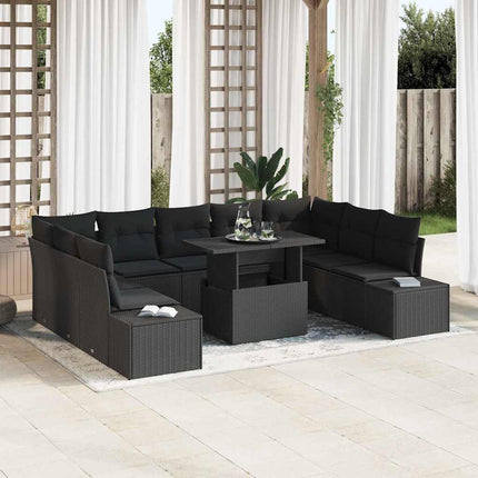 Trädgårdsoffset med lagring 10 pcs Svart Poly rattan