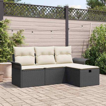 Trädgårdsoffset med kudde 4 pcs Svart och gräddvit Poly rattan