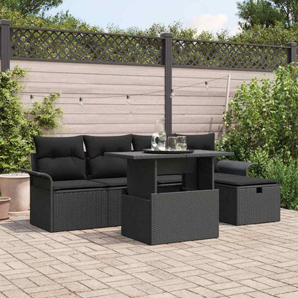 Trädgårdsoffset med kudde med lagring 6 pcs Svart Poly rattan