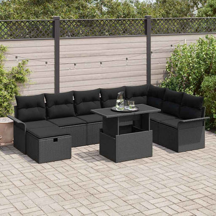 Trädgårdsoffset med kudde med lagring 9 pcs Svart Poly rattan