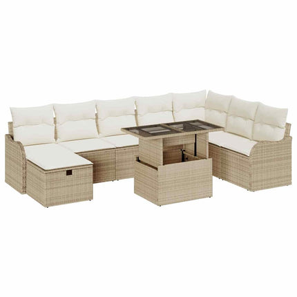 Trädgårdsoffset med kudde med lagring 9 pcs Beige Poly rattan