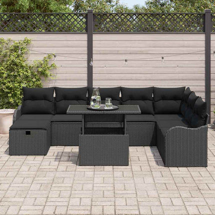 Trädgårdsoffset med kudde med lagring 9 pcs Svart Poly rattan