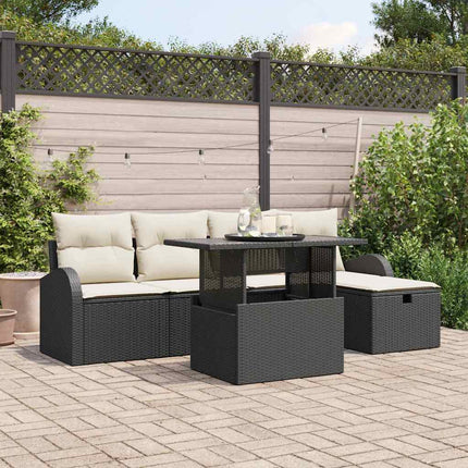 Trädgårdsoffset med kudde med lagring 6 pcs Svart Poly rattan
