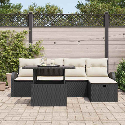 Trädgårdsoffset med kudde med lagring 6 pcs Svart Poly rattan