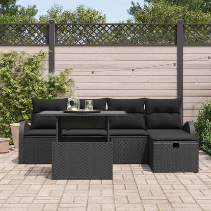 Trädgårdsoffset med kudde med lagring 6 pcs Svart Poly rattan
