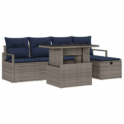 Trädgårdsoffset med kudde med lagring 6 pcs Grå Poly rattan