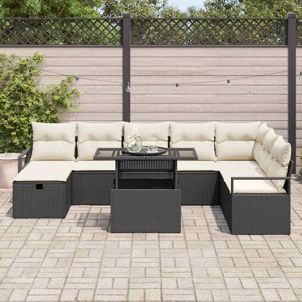 Trädgårdsoffset med kudde med lagring 9 pcs Svart Poly rattan