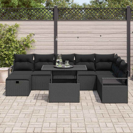 Trädgårdsoffset med kudde med lagring 9 pcs Svart Poly rattan