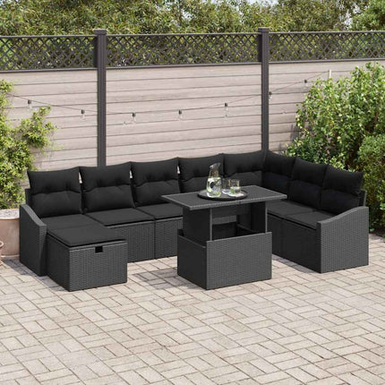 Trädgårdsoffset med kudde med lagring 9 pcs Svart Poly rattan